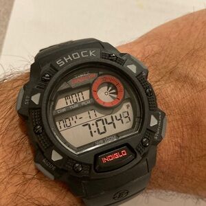 Timex Shock tactical watch, black with gray & red accents, rubber strap, indiglo